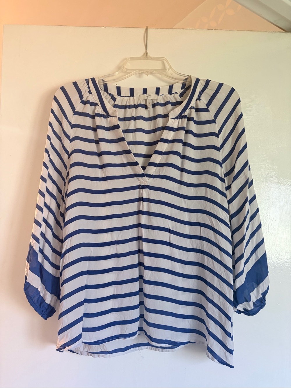 Joie 100% Silk Striped Blue and White V-Neck Women's Blouse